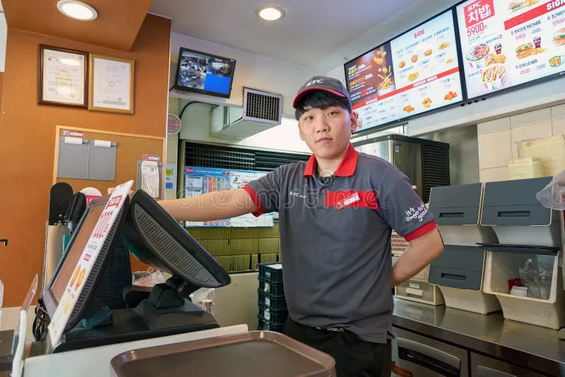 Pracownik KFC przy kasie uśmiechnięty