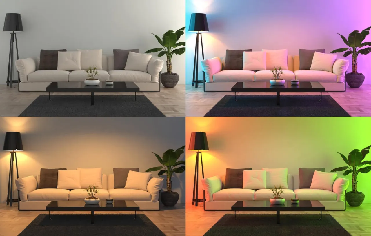 Salon z różnym oświetleniem barwowym, przytulny i funkcjonalny