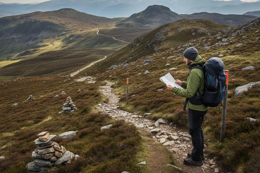 osoba z mapą na szlaku g&oacute;rskim zagubienie