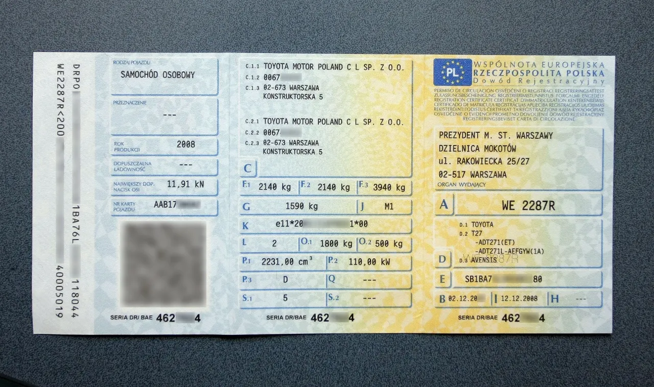 dow&oacute;d rejestracyjny pola p1 p2 p3 e