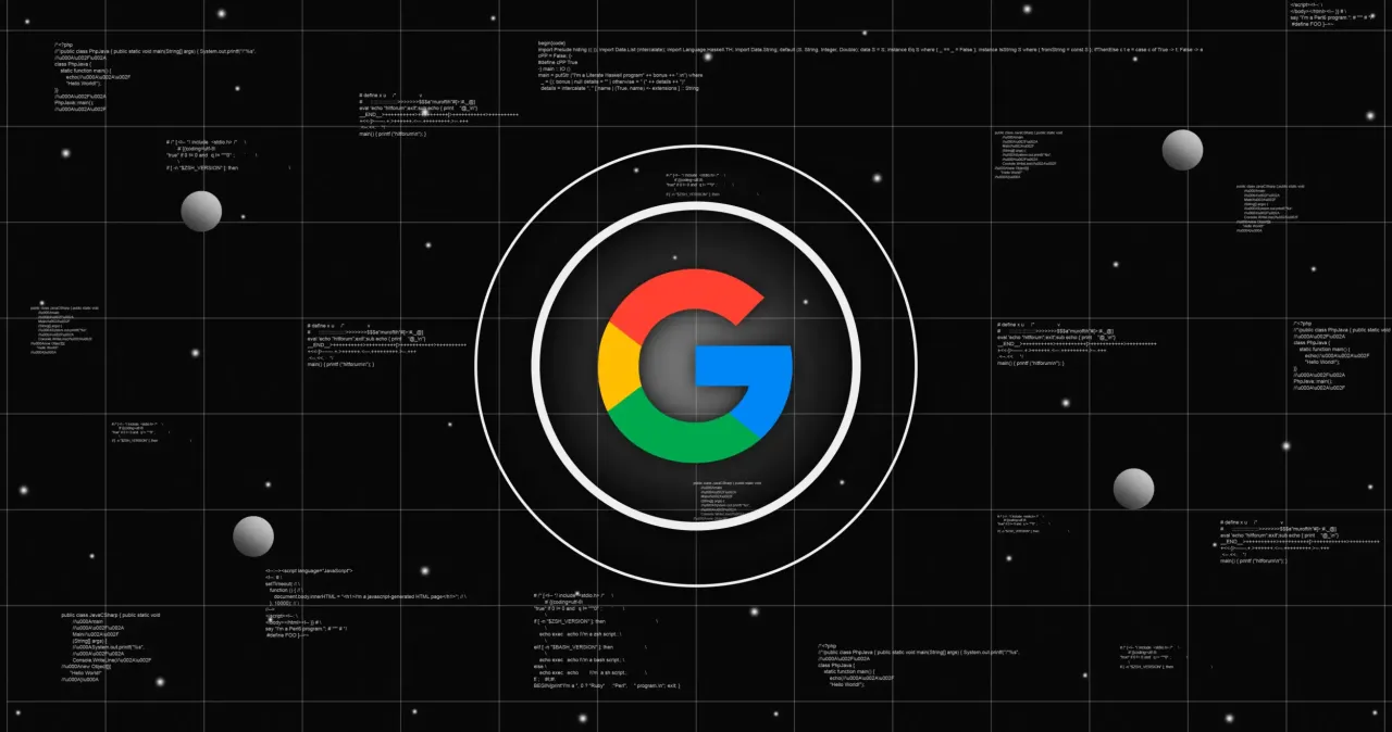 Logo Google w centrum, otoczone kodem i planetami. To wizualizacja potęgi BigQuery w świecie danych.