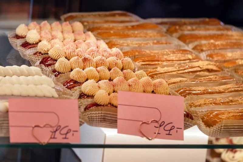 Assortimento di dolci francesi in una vetrina di pasticceria