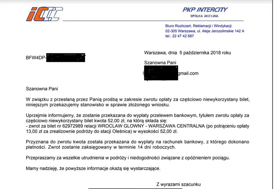 Pasażer składający reklamację PKP Intercity
