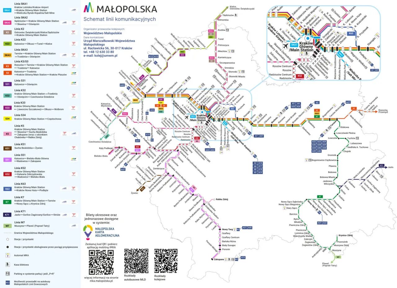 Mapa przystank&oacute;w autobus&oacute;w zastępczych Wieliczka Koleje Małopolskie