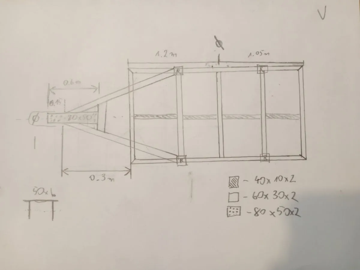 Szkic przyczepki do glebogryzarki z wymiarami i legendą profili. Pomysł, jak zrobić przyczepkę do glebogryzarki.