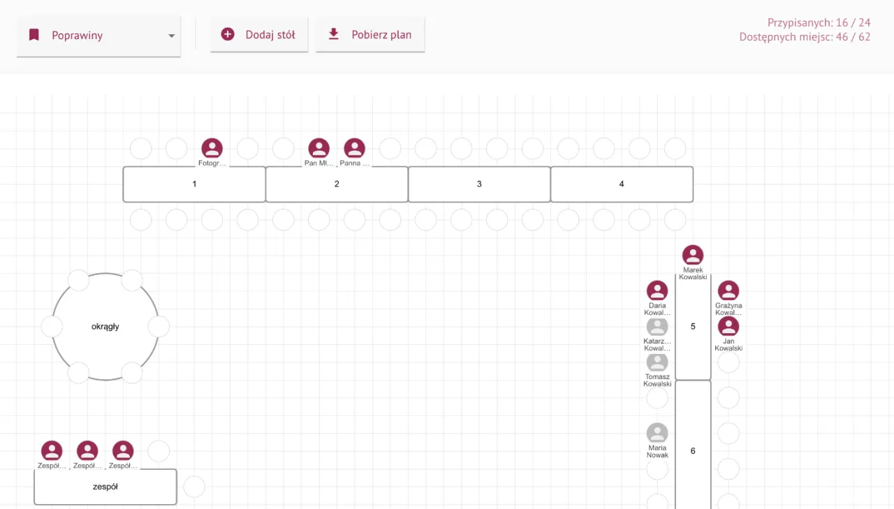 aplikacja do planowania usadzenia gości weselnych