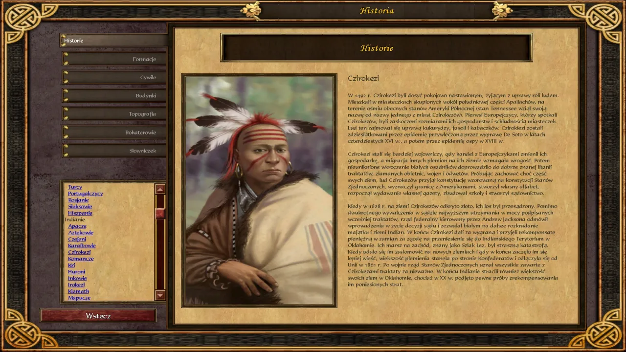 Menu gry Age of Empires 3 spolszczenie. Portret Czokeroza, historia plemienia.