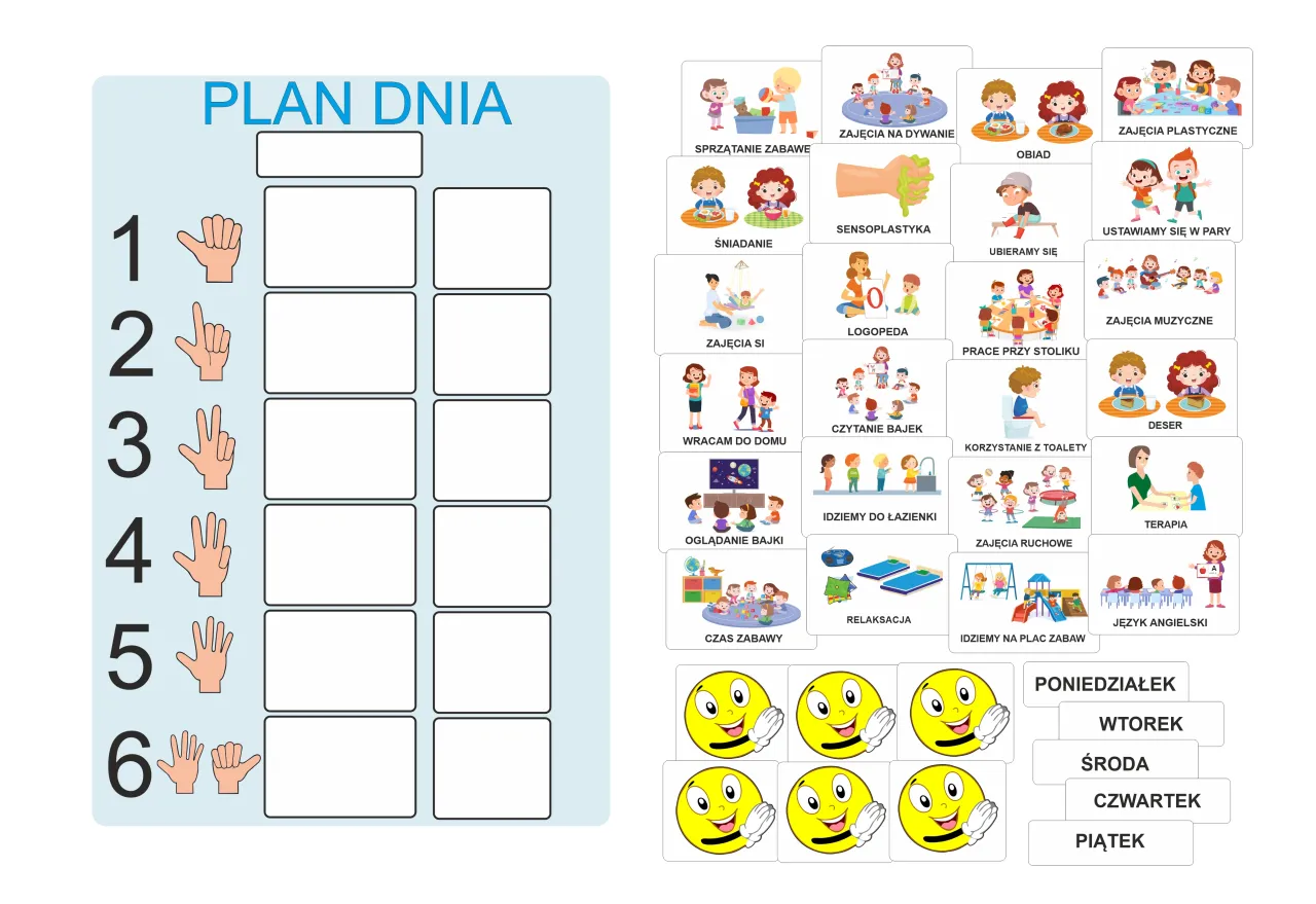 Plan dnia dla dziecka z ikonami aktywności: sprzątanie, posiłki, zajęcia plastyczne, zabawy, nauka.