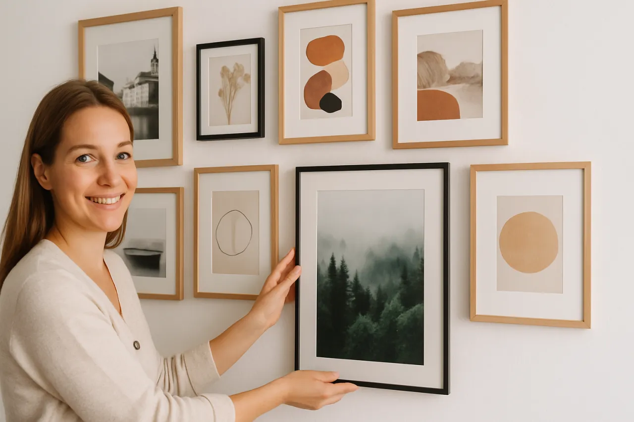Galeria ścienna z plakat&oacute;w i zdjęć w sp&oacute;jnej kompozycji