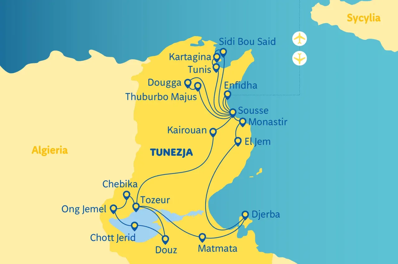 Mapa pokazuje, gdzie leży Tunezja, z zaznaczonymi miastami jak Tunis, Sousse, Dżerba, oraz sąsiednią Algierią i Sycylią.