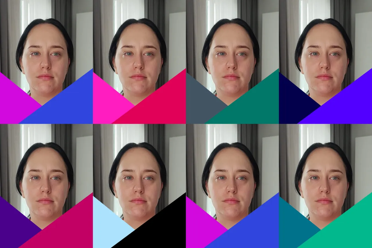 Portret kobiety z niebieskimi oczami otoczony geometrycznymi kształtami w odcieniach fioletu, r&oacute;żu, niebieskiego i zieleni. Te kolory dla zimy podkreślają jej urodę.