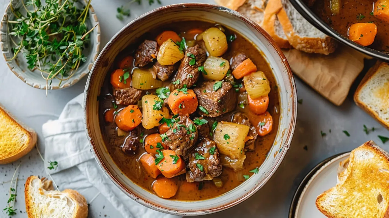 gulasz wołowy i wieprzowy w garnkach