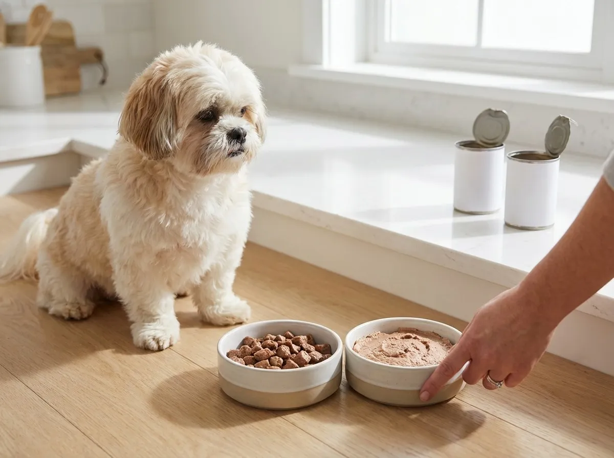 Puszyste psie dziecko czeka na posiłek. Dwie miski: jedna z chrupkami, druga z mokrą karmą. Jakie mięso dla szczeniaka wybrać?