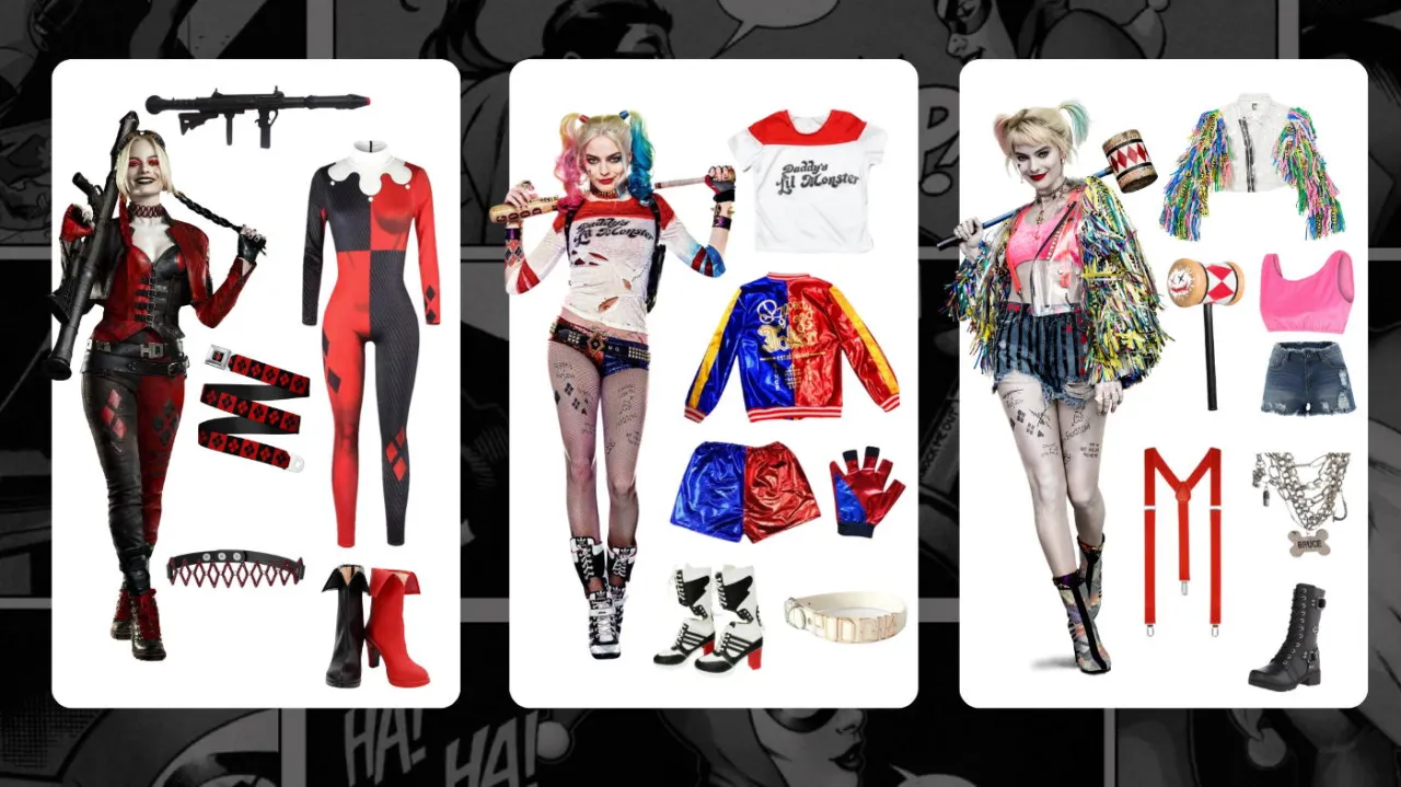 Harley Quinn r&oacute;żne wersje stroju DIY por&oacute;wnanie