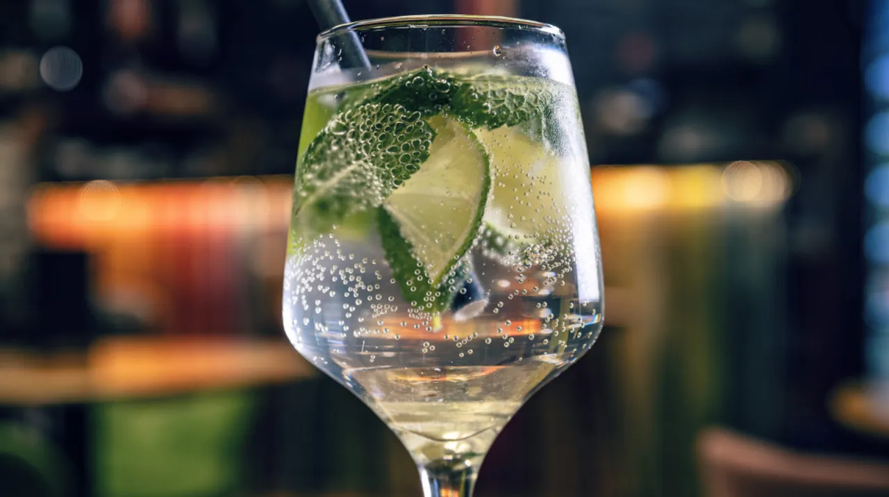 elegancki gin z tonikiem w szklance copa de balon z limonką