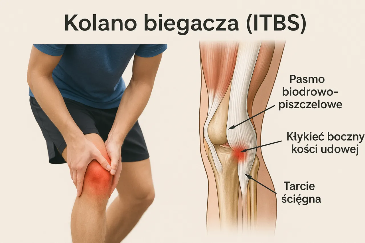 B&oacute;l kolana po bieganiu (ITBS) to częsty problem biegaczy. Ilustracja pokazuje jego przyczynę: tarcie pasma biodrowo-piszczelowego o kłykieć boczny kości udowej.
