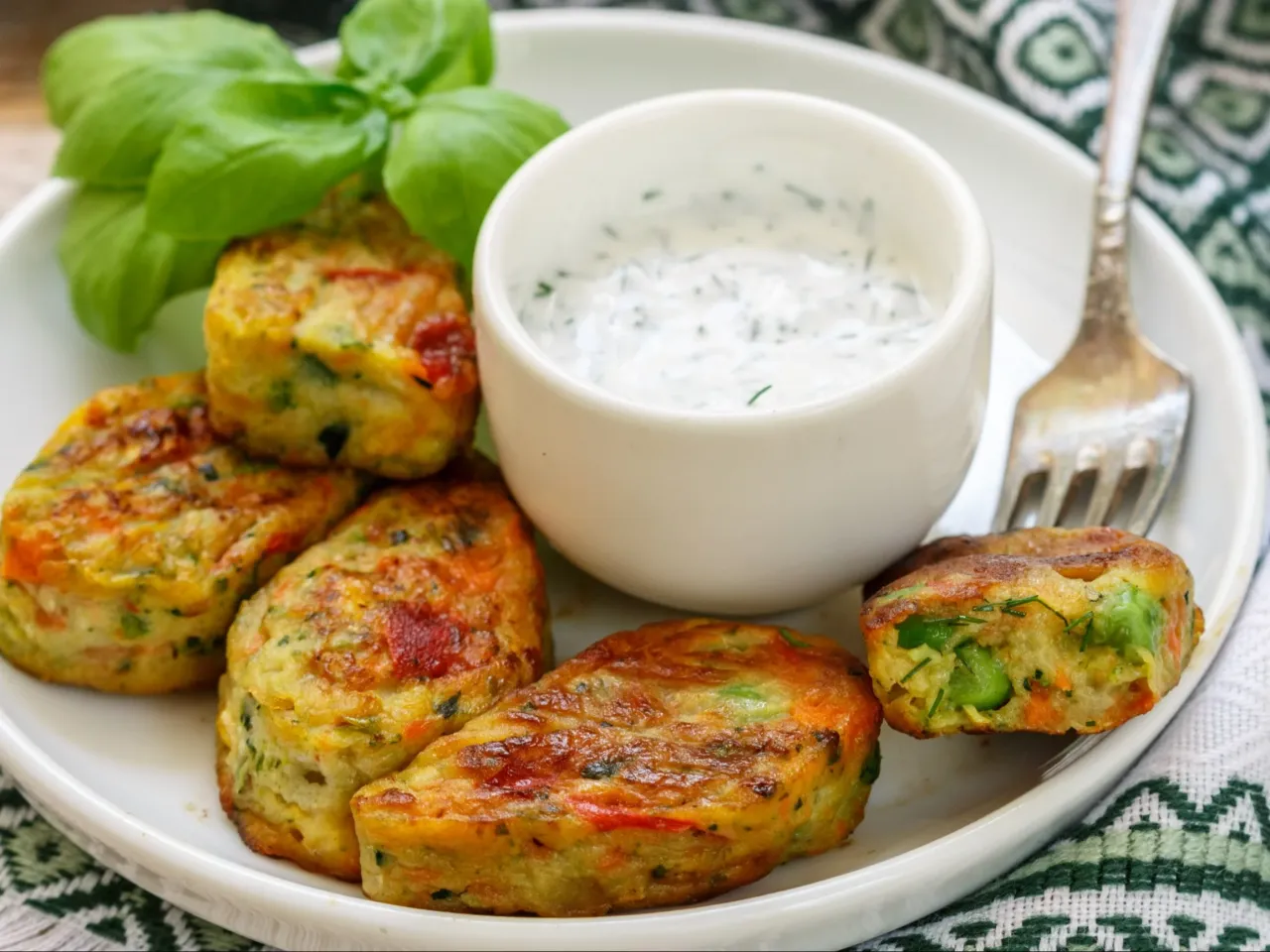 Warzywne kotleciki z groszkiem i marchewką – idealne co zamiast ziemniaków do kotleta. Podane z dipem jogurtowym i bazylią.