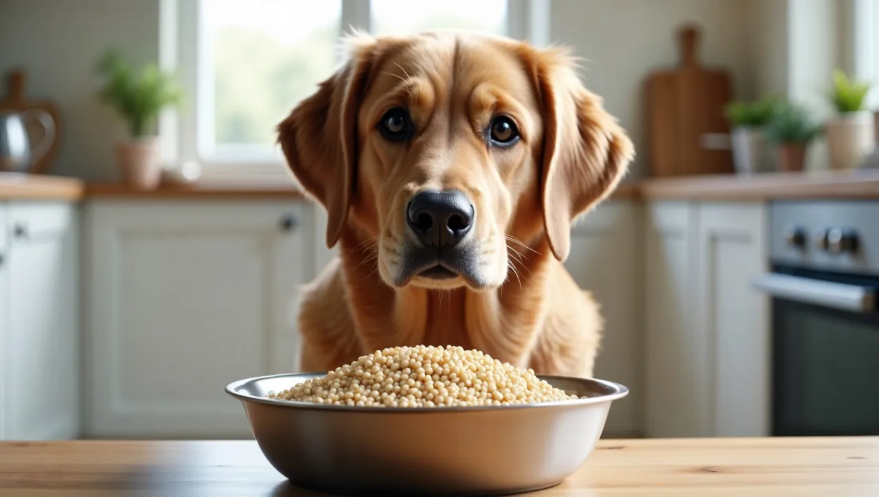 Złoty retriever patrzy na miskę z kaszą gryczaną, zastanawiając się, czy pies może jeść kaszę gryczaną.