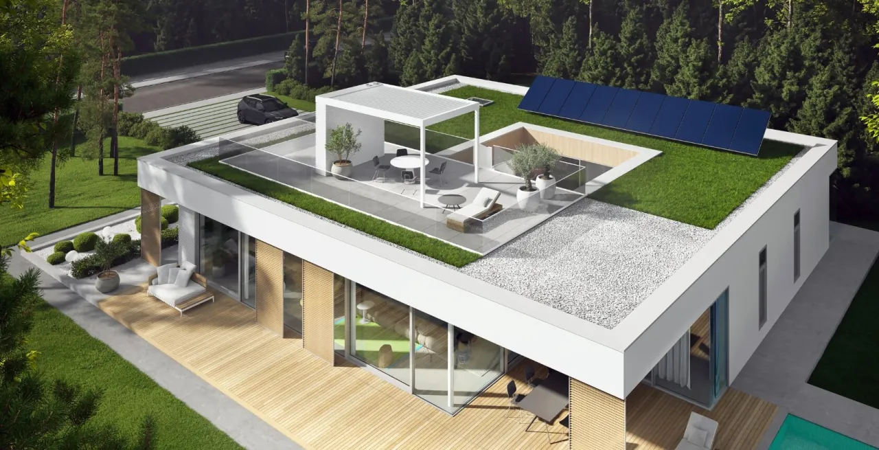 Płaski dach z tarasem lub fotowoltaiką