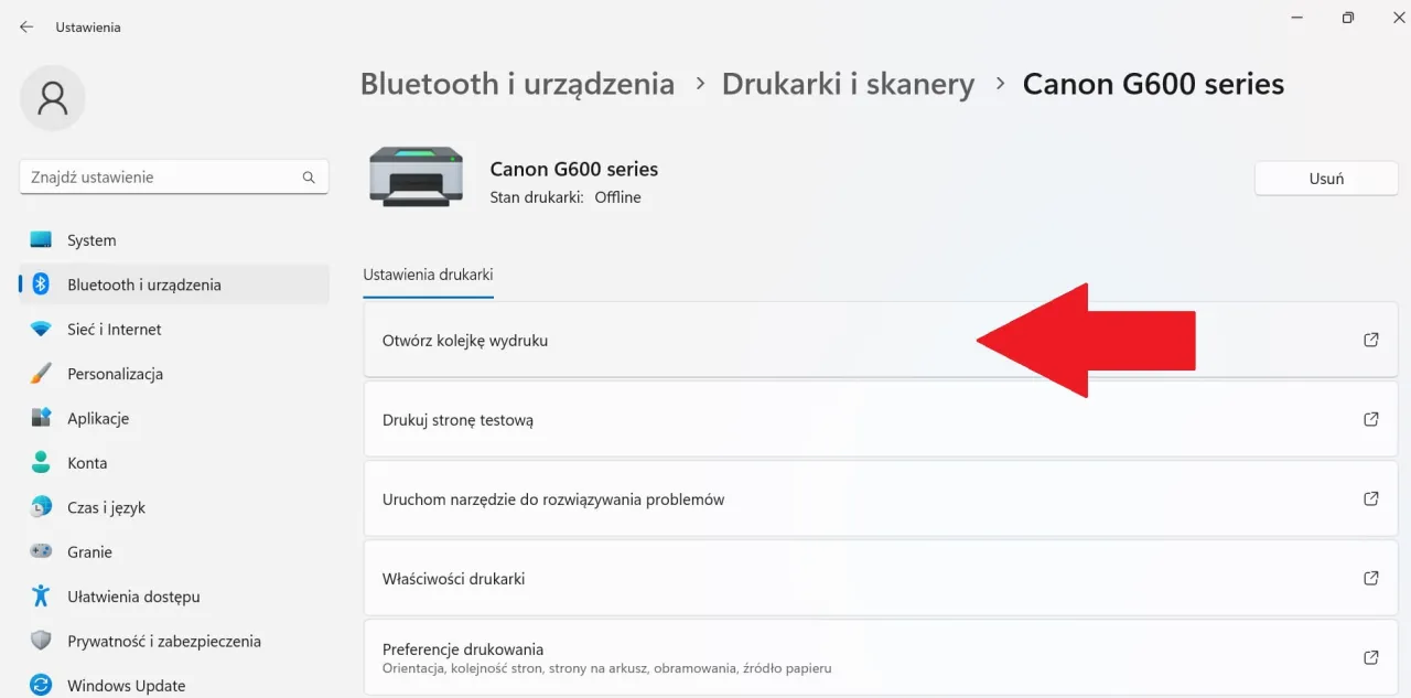 Zrzut ekranu: czyszczenie kolejki wydruku Windows