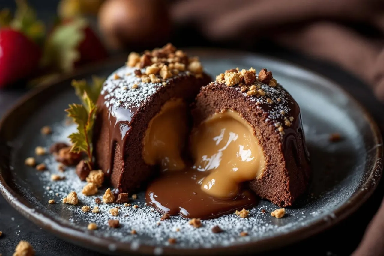 Fondant au chocolat c&oelig;ur coulant sur assiette avec boule de glace vanille