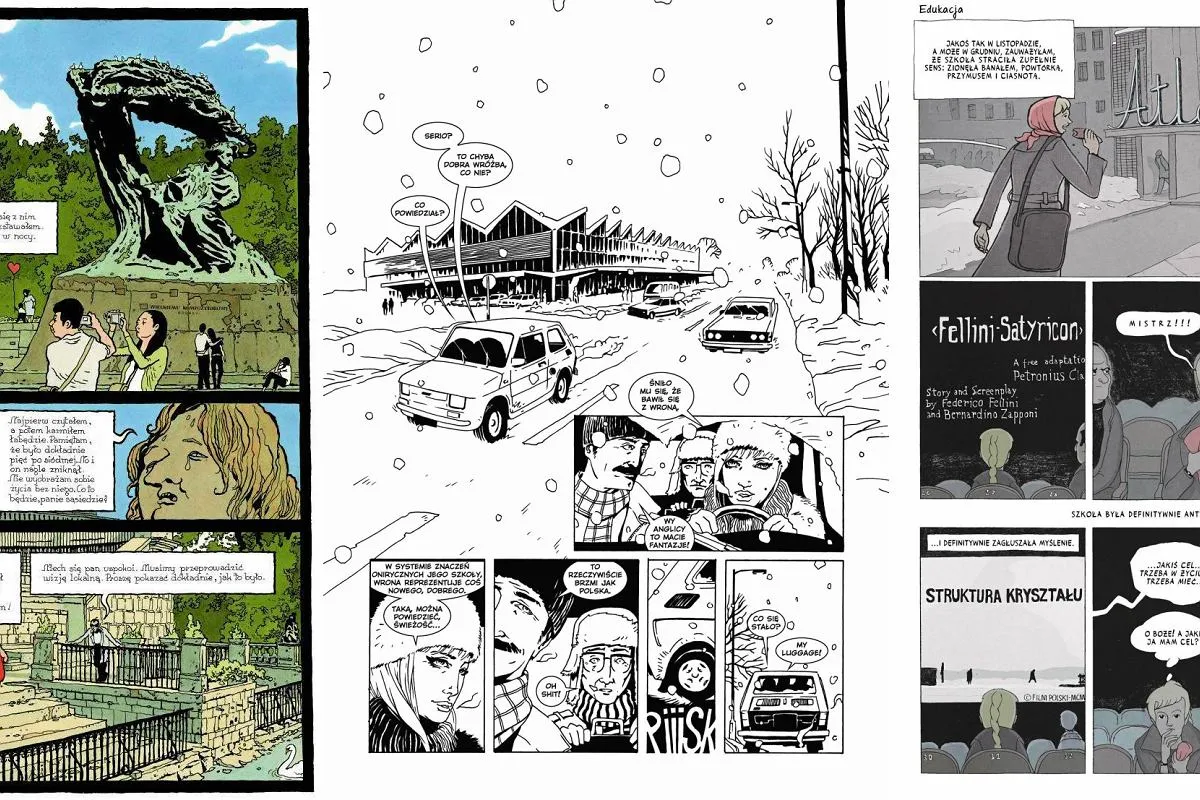 Fragmenty komiks&oacute;w pokazują r&oacute;żne sceny, od pomnika Chopina po podr&oacute;ż samochodem w śniegu. Dowiedz się, jak czytać komiksy, analizując te panele.