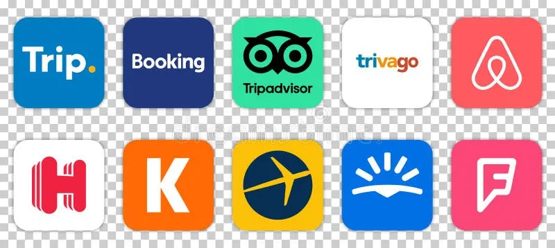 różne ikony platform do rezerwacji noclegów (Booking, Airbnb, Kayak, Hostelworld)