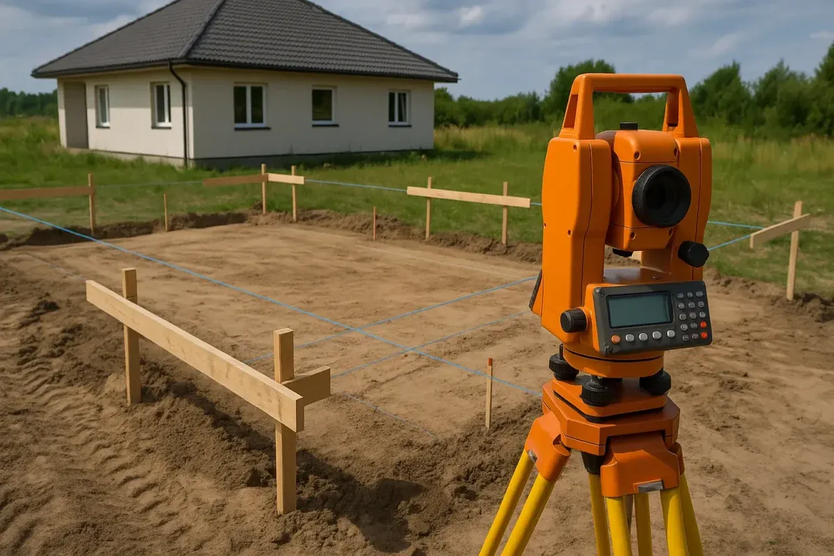 Geodeta na budowie, tyczenie budynku, pomiar działki