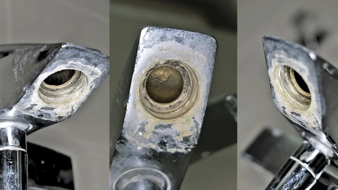 Trzy zbliżenia na metalowy kran z widocznym kamieniem i osadem. Pokazują, jak usunąć kamień z kranu, czyszcząc gwintowane otwory.