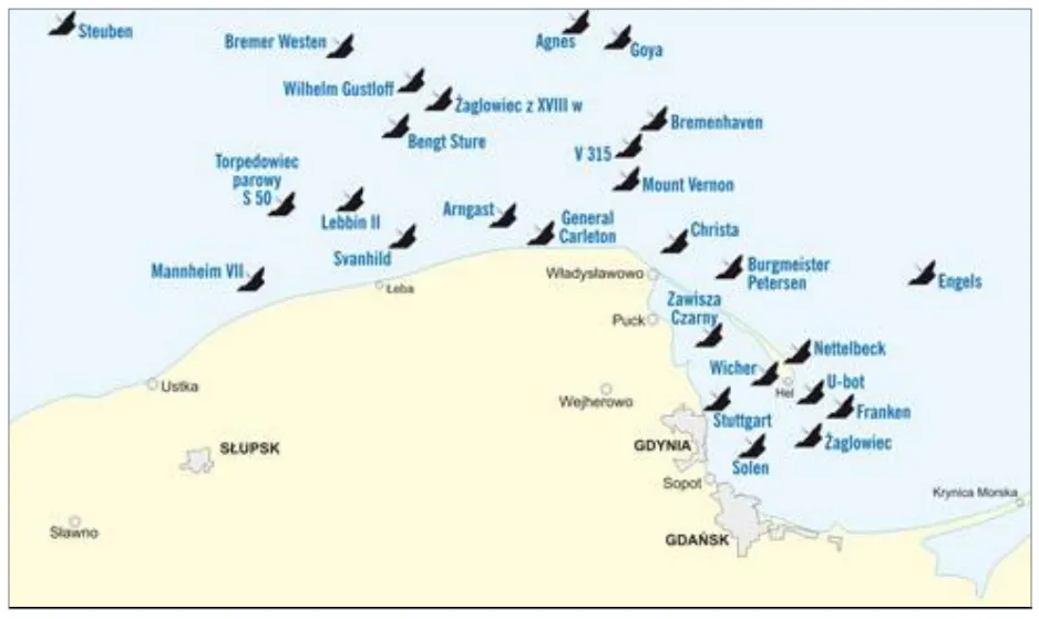 wraki statk&oacute;w na dnie Bałtyku lub mapa z zatopioną bronią chemiczną