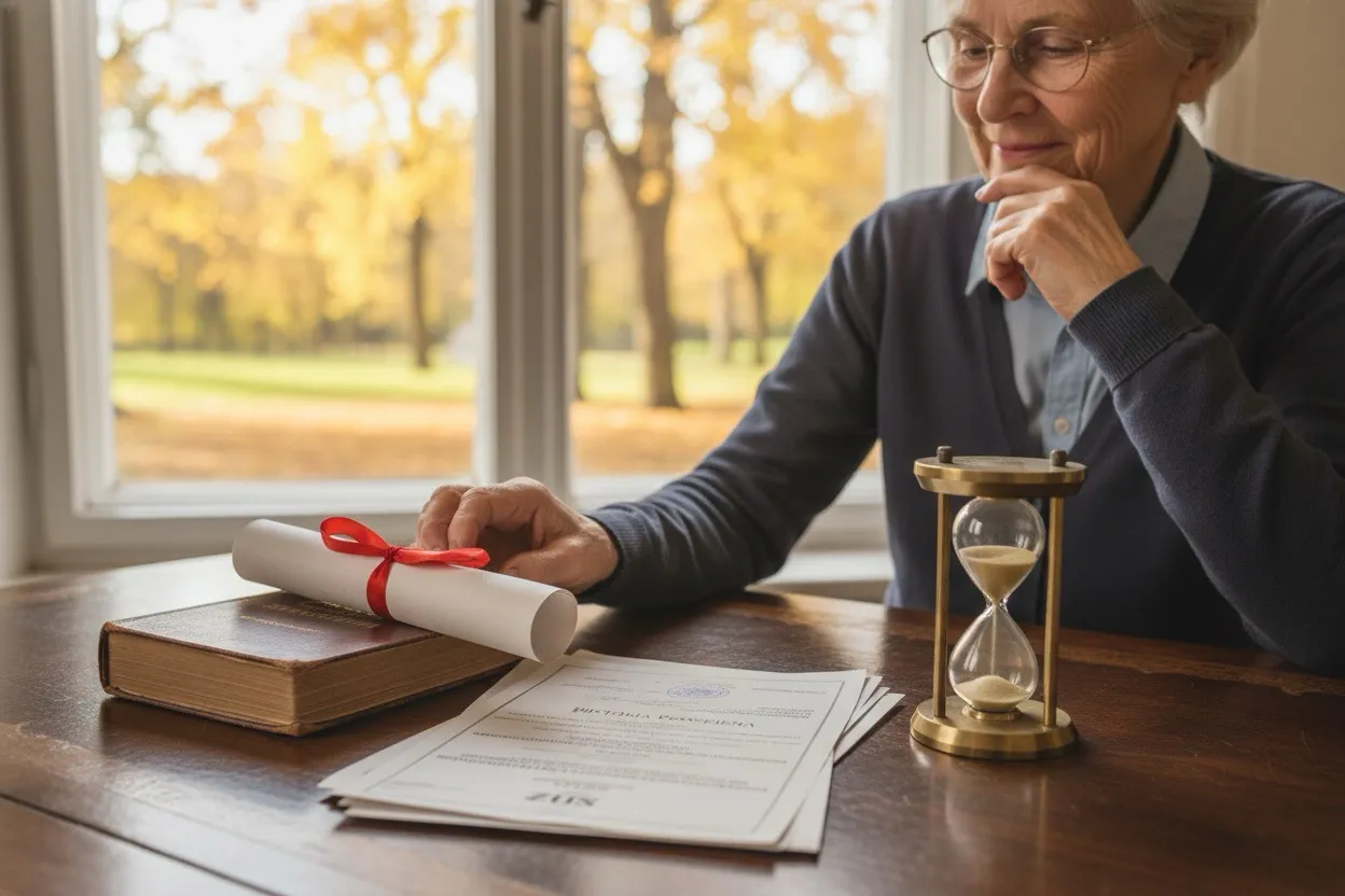 Starsza kobieta z dokumentami i klepsydrą zastanawia się, czy technikum wlicza się do stażu pracy do emerytury.