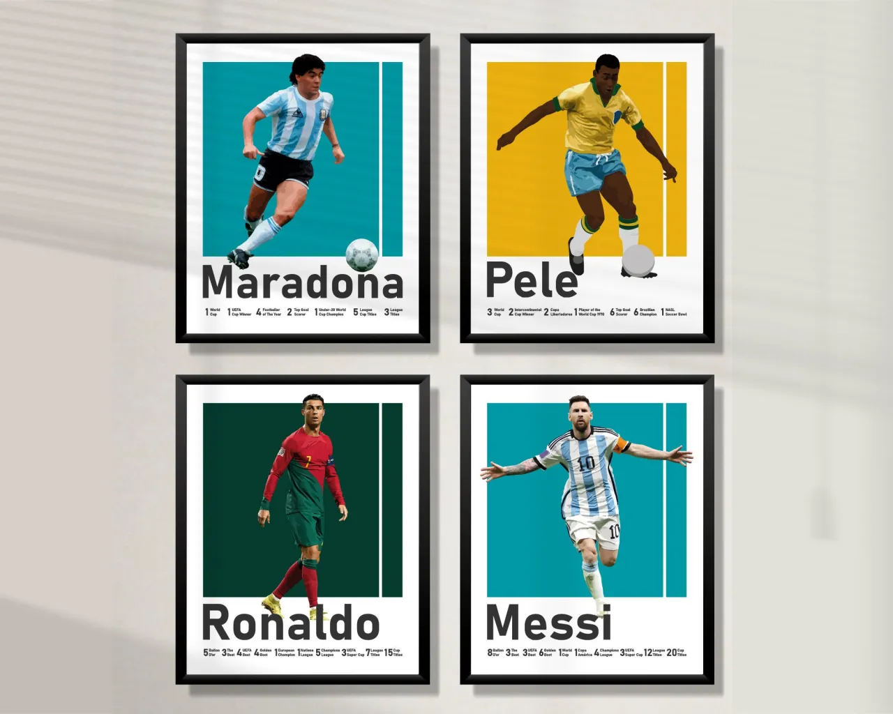 kolaż legend piłki nożnej Pele Maradona Messi Ronaldo