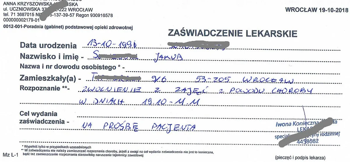 zwolnienie lekarskie L4 wzór