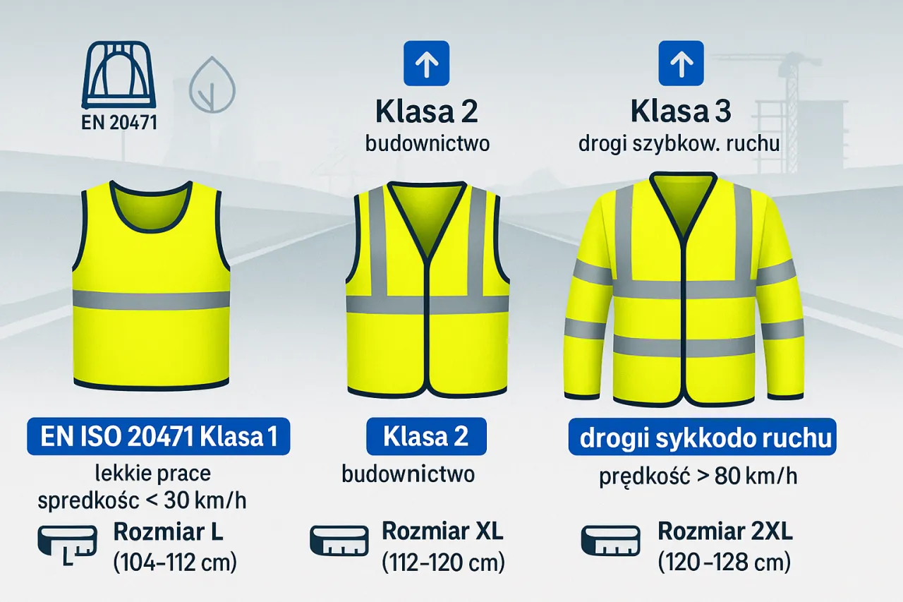 Kamizelki odblaskowe na ubrania: klasa 1 (lekkie prace), klasa 2 (budownictwo) i klasa 3 (drogi szybkiego ruchu).