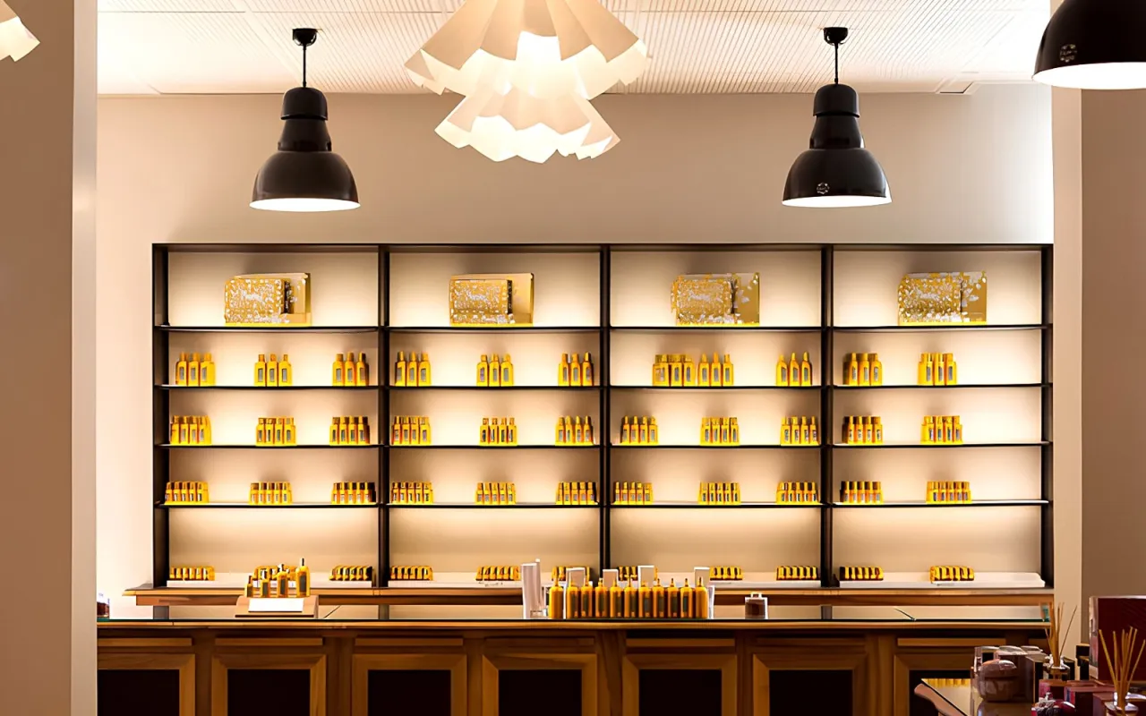 Wnętrze muzeum perfum w Paryżu. Na półkach lśnią złote flakoniki i opakowania, tworząc magiczną atmosferę.