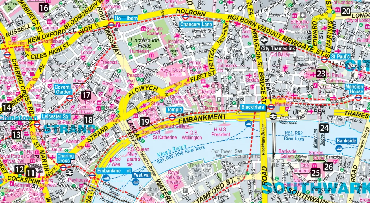 Mapa turystyczna centrum Londynu z atrakcjami