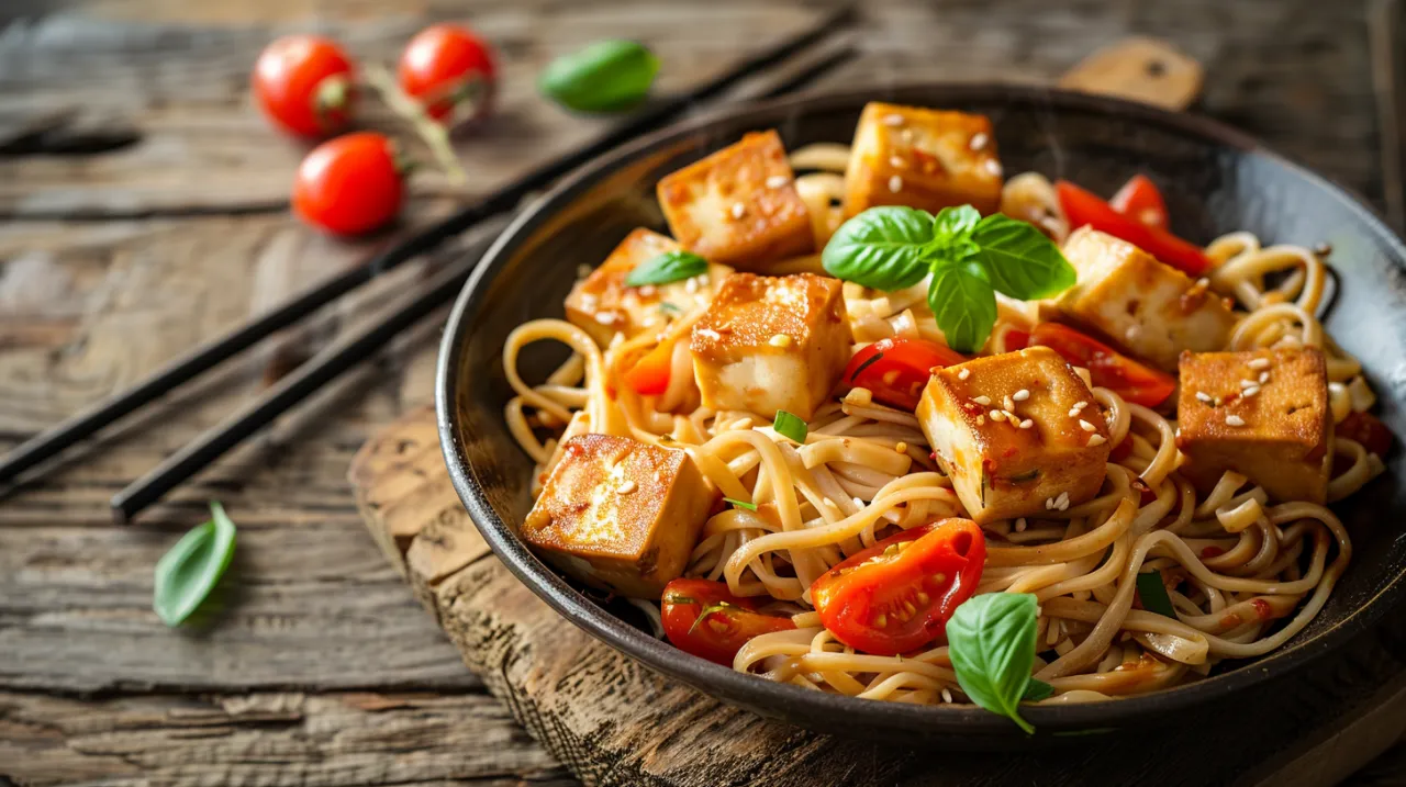 Zdjęcie Makaron po chińsku z tofu - Przepis na makaron z tofu i pomidorami