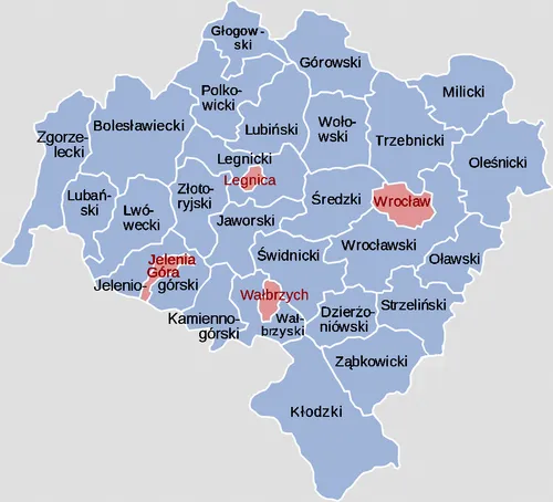 Mapa Dolnego Śląska miasta Jelenia G&oacute;ra Wrocław Wałbrzych Legnica