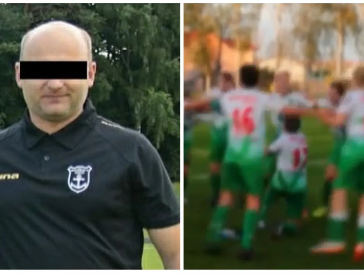 Trener w czarnej koszulce z herbem i dzieci w strojach piłkarskich. Może to być przykład, jak nie być profesjonalnym piłkarzem.