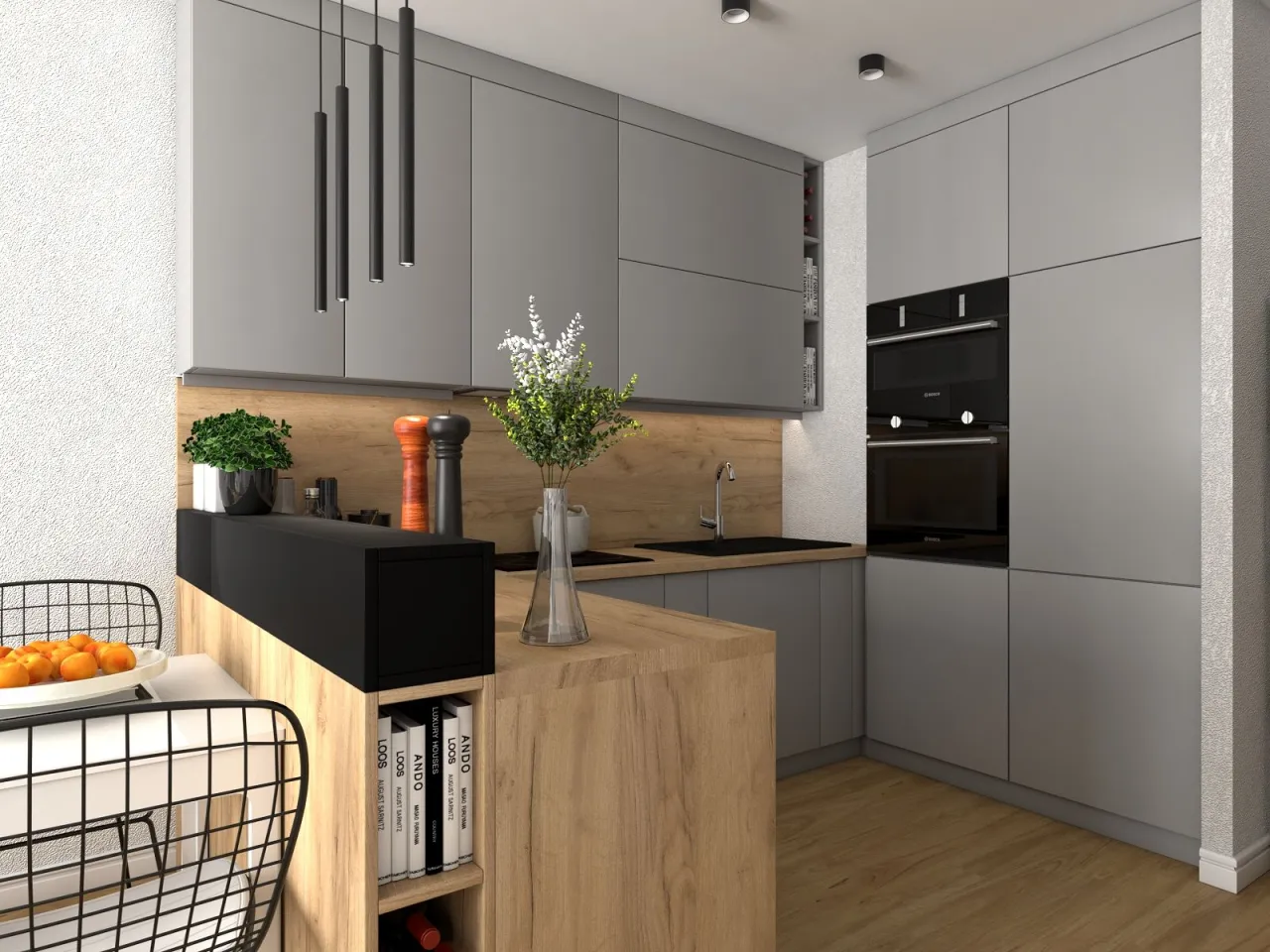 Szara kuchnia z białym blatem, szara kuchnia z czarnym blatem, szara kuchnia z drewnianym blatem