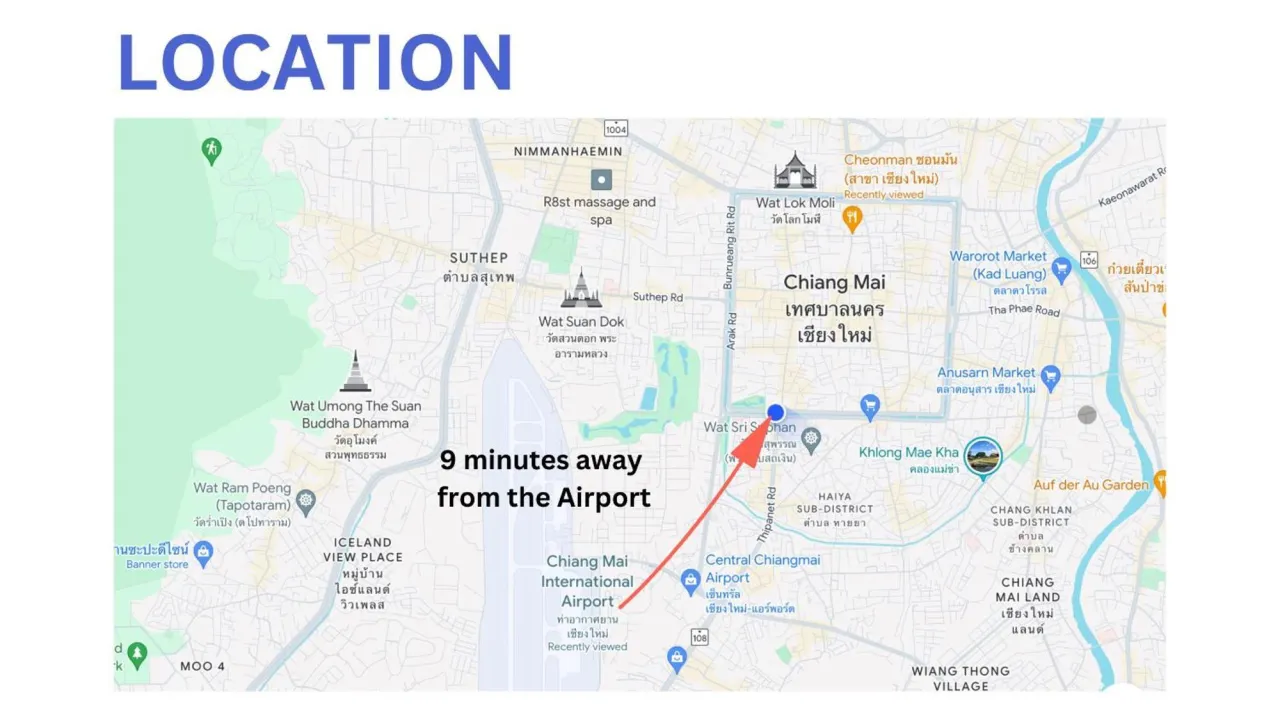 Mapa Chiang Mai z zaznaczoną lokalizacją 9 minut od lotniska, idealna do planowania, gdzie nocować.