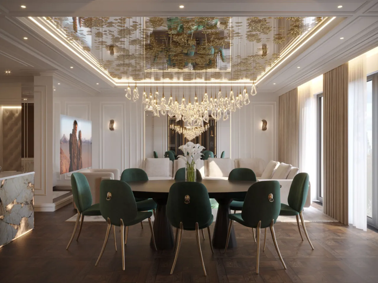 Elegancki salon z jadalnią. Lustrzany sufit napinany z motywem roślinnym to świetne inspiracje dla nowoczesnych wnętrz.