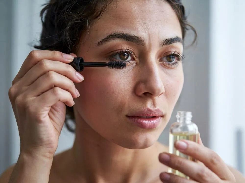Kobieta aplikująca olejek na rzęsy