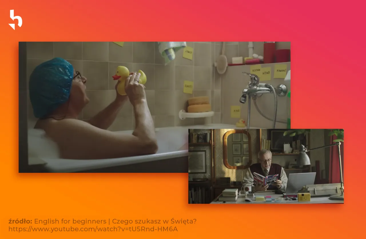 Kobieta w wannie z gumową kaczką i starszy pan czytający książkę. Przykład marketing narracyjny.