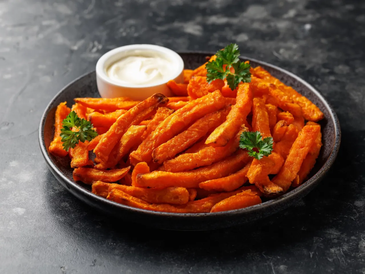 chrupiące frytki z batatów z sosem