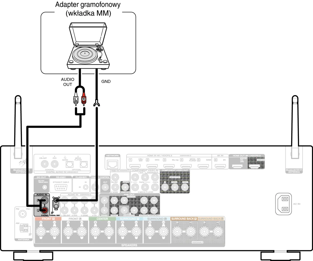 tylny panel gramofonu i amplitunera wejścia