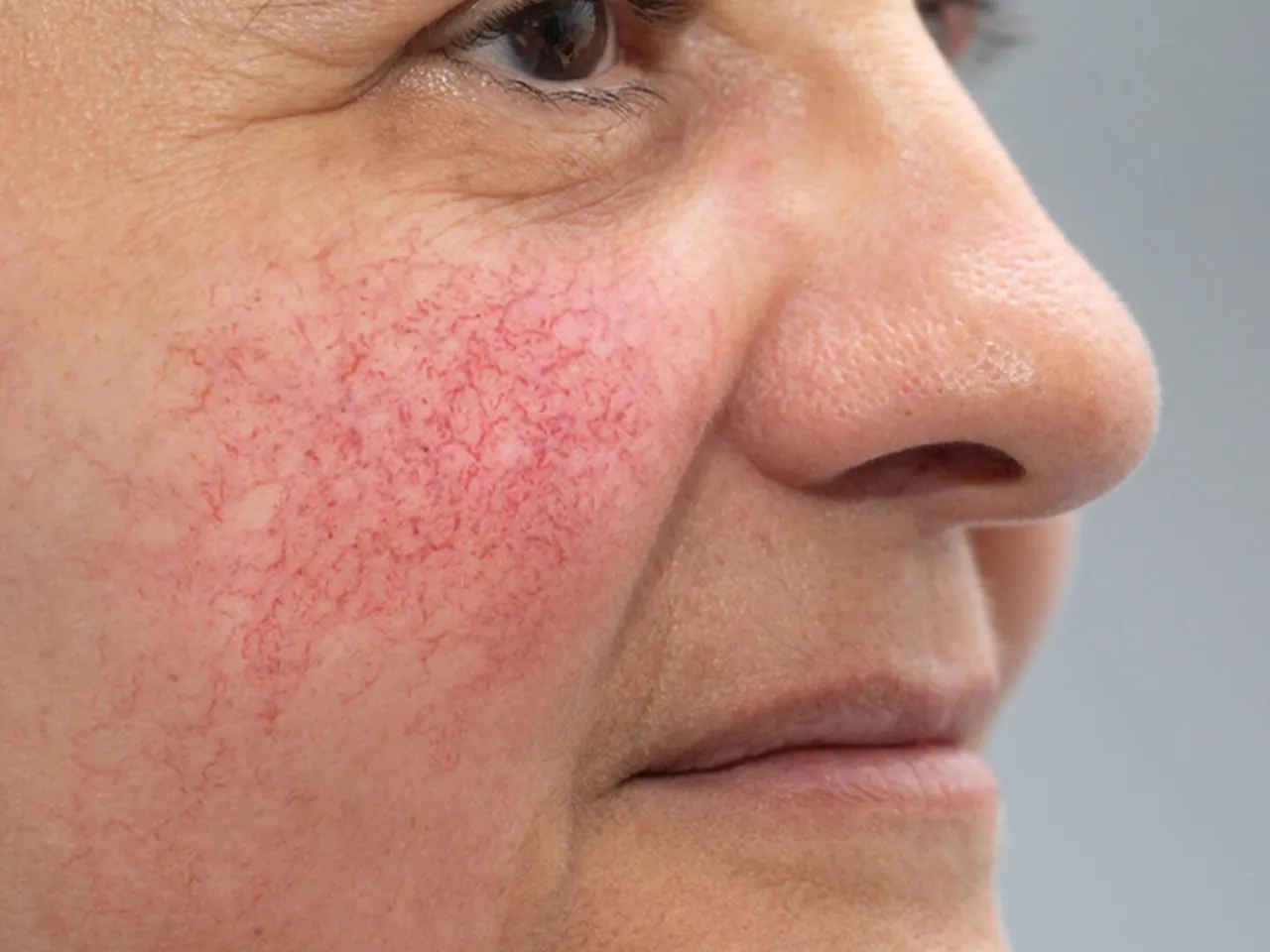 Frau mit geröteter Gesichtshaut und sichtbaren Äderchen