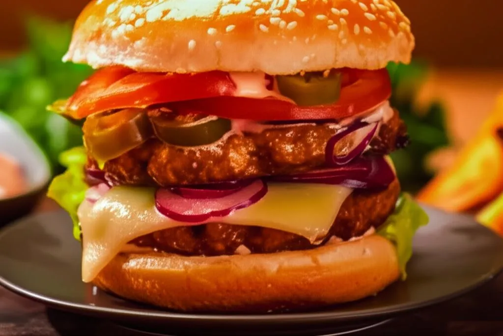 apetyczny burger z papryczkami jalapeno na drewnianej desce