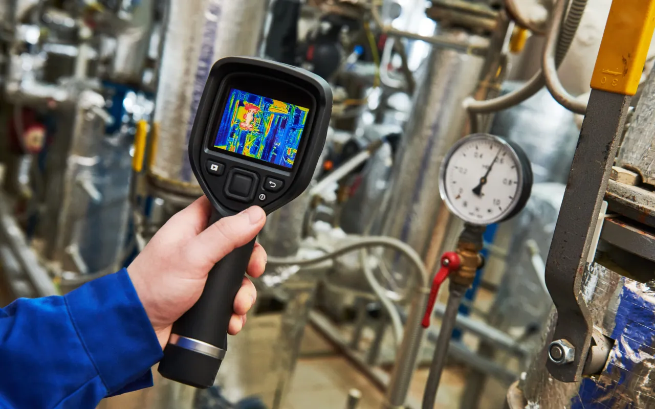 Ręka w niebieskim kombinezonie trzyma kamerę termowizyjną, pokazującą, jak działa termowizja, analizując ciepło instalacji przemysłowej.
