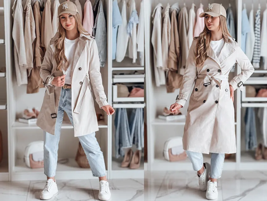 beżowy trencz stylizacje codzienne jeansy sneakersy
